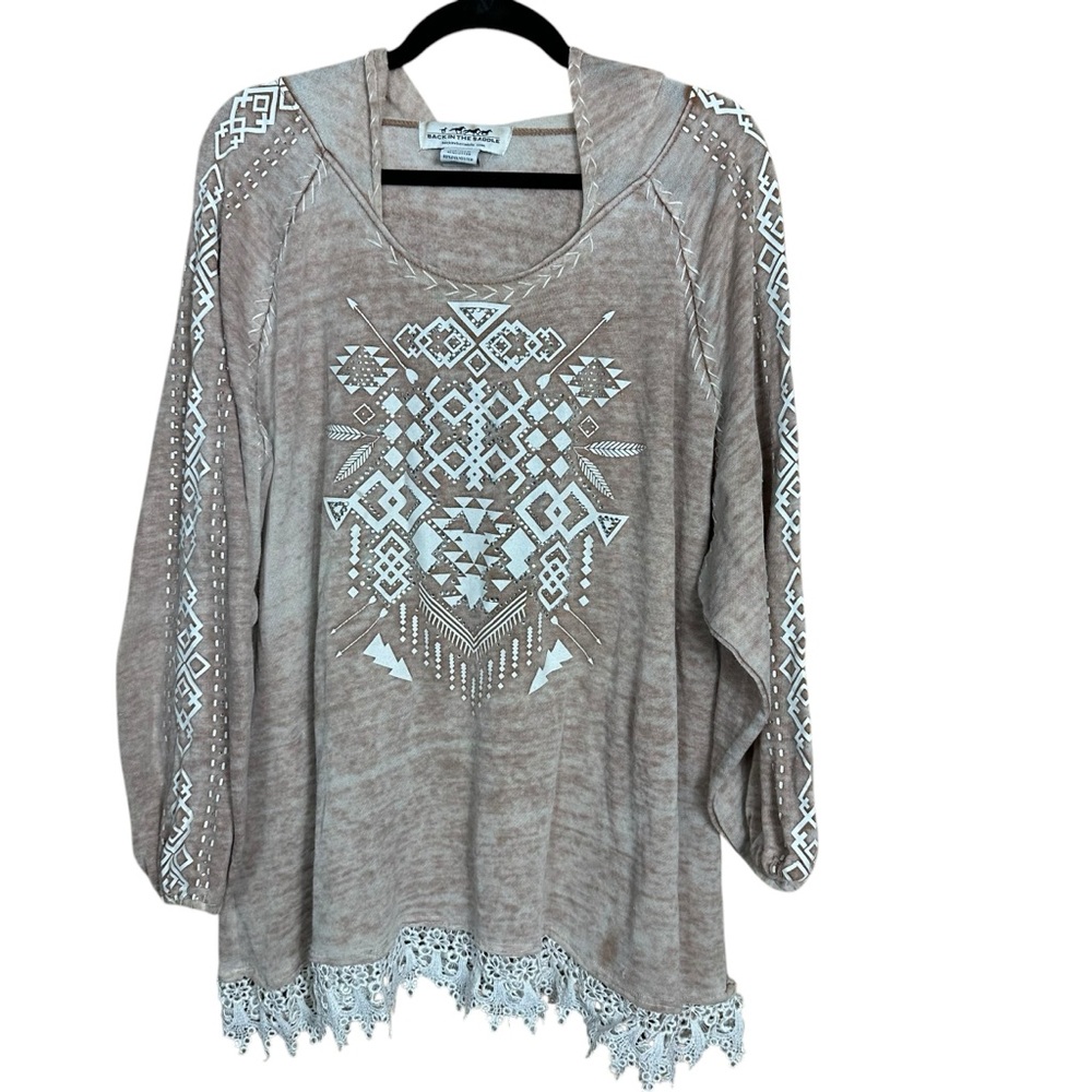 Back In The Saddle Boho Tan Southwestern Burnout Blind Embroidered Tunic Blouse